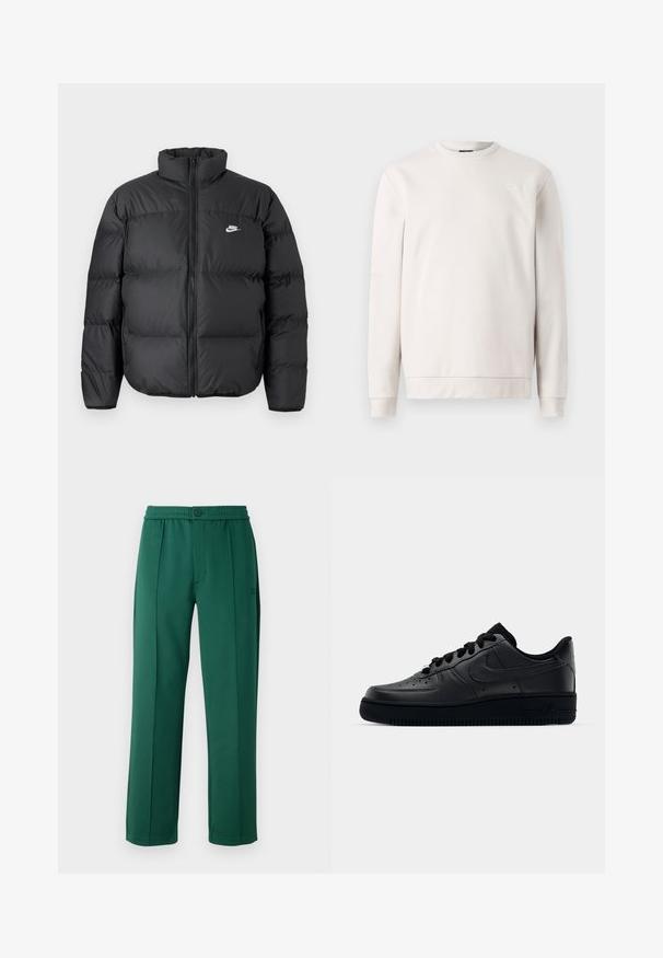 Mustapuffatakki, jossa on korkea kaulus, vetoketjukiinnitys ja valkoinen Nike-logo. Takissa on myös tikatut osiot eristyksen vuoksi ja pehmeä rakenne.; Harmaa collegepaita, joka on valmistettu pehmeästä kankaasta. Tässä paidassa on pyöreä kaula-aukko, pitkät hihat ja hienovarainen logo edessä. Paita on sileä tekstuuriltaan ja rento malli.; Vihreät polyesterihousut, joissa on rento istuvuus, joustava vyötärö, etupleatit ja yksittäinen napitus. Liukeä tekstuuri ja suorat lahkeet.; Musta Nike Air Force 1 -lenkkari, jossa on sileä nahkapinta, rei'itetty varvasosa hengittävyyden parantamiseksi, mustat nauhat ja teksturoitu kumipohja.