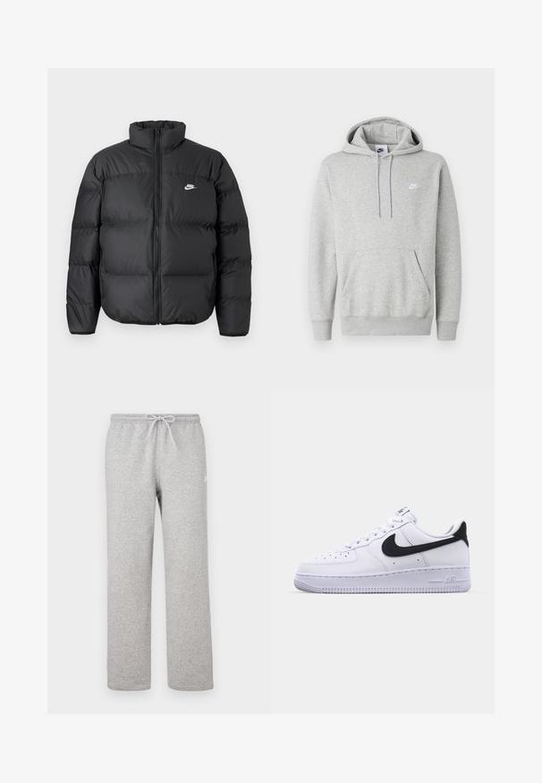 Zwarte pufferjack met hoge kraag, ritssluiting en witte Nike-logo. Heeft doorgestikte stukken voor isolatie en een gewatteerde textuur.; Lichtgrijze hoodie van zachte stof, met een buidelzak, capuchon met trekkoord en een klein wit logo op de borst.; Grijze joggingbroek met een elastische tailleband en trekkoord. Gemaakt van zachte stof, met rechte pijpen en subtiel logodetail.; Witte leren sneaker met een gestructureerde zwarte Swoosh, platte veters en een rubberen zool met een geribbeld patroon. "AIR" is in de hak geperst.