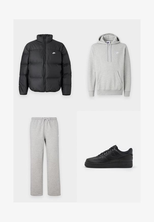 Schwarze Pufferjacke mit hohem Kragen, Reißverschluss und Nike-Logo in Weiß. Verfügt über gesteppte Bereiche zur Isolierung und eine gepolsterte Textur.; Hellgrauer Hoodie aus weichem Stoff mit Kängurutasche, Kapuze mit Kordelzug und kleinem weißem Logo auf der Brust.; Graue Jogginghosen mit einem elastischen Bund und Kordelzug. Hergestellt aus weichem Stoff, zeichnen sie sich durch gerade Beine und ein dezentes Logodetail aus.; Nike Sportswear AIR FORCE 1 07 FLYEASE - Sneaker low - black