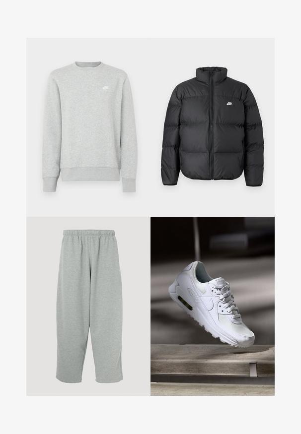 Zwarte pufferjack met hoge kraag, ritssluiting en witte Nike-logo. Heeft doorgestikte stukken voor isolatie en een gewatteerde textuur.; Grijze sweatvest gemaakt van zacht fleece materiaal, met geribde manchetten en zoom, en een klein wit Nike-logo op de borst.; Lichtgrijze joggingbroek met een elastische tailleband, taps toelopend ontwerp en zachte textuur. Geen zichtbare merklogo's of patronen.; Witte Nike Air Max 90 sneaker met een bovenwerk van mesh en leer, een geperforeerde teenbox en een zichtbare luchtunit in de hiel.