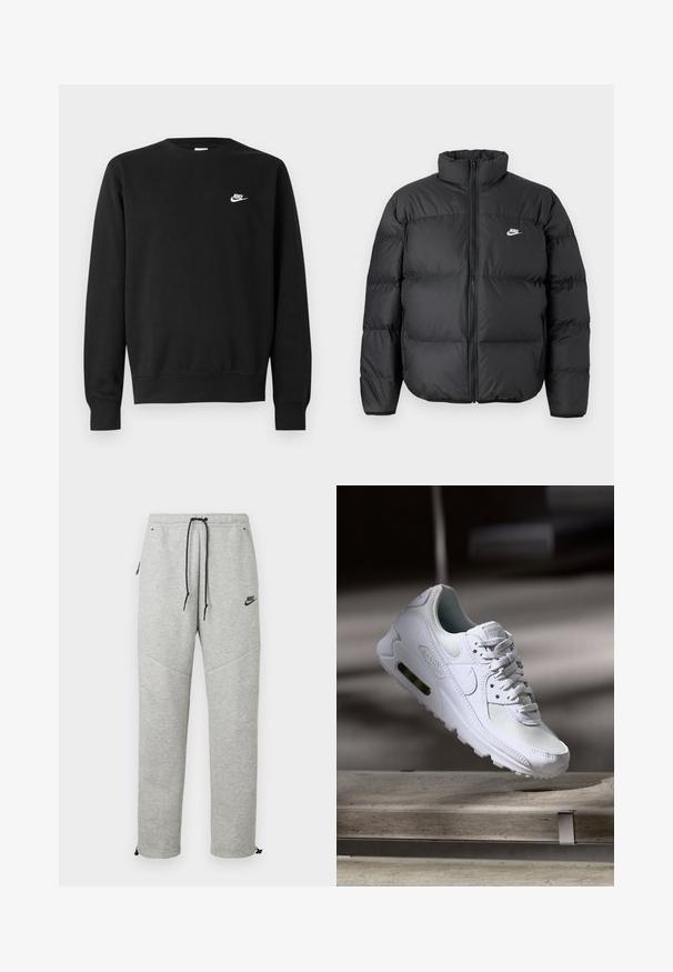 Abrigo de plumas negro con cuello alto, cierre de cremallera y logo de Nike en blanco. Presenta secciones acolchadas para aislamiento y una textura acolchada.; Sudadera negra de algodón, con cuello redondo, mangas largas y un pequeño logo blanco de Nike en el pecho superior izquierdo.; Pantalones de chándal Nike grises con cintura ajustable por cordón, bolsillos laterales y puños elásticos. Presentan una textura suave y un detalle del logo negro en contraste.; Zapatilla Nike Air Max 90 blanca con parte superior de malla y cuero, caja de puntera perforada y unidad de aire visible en el talón.