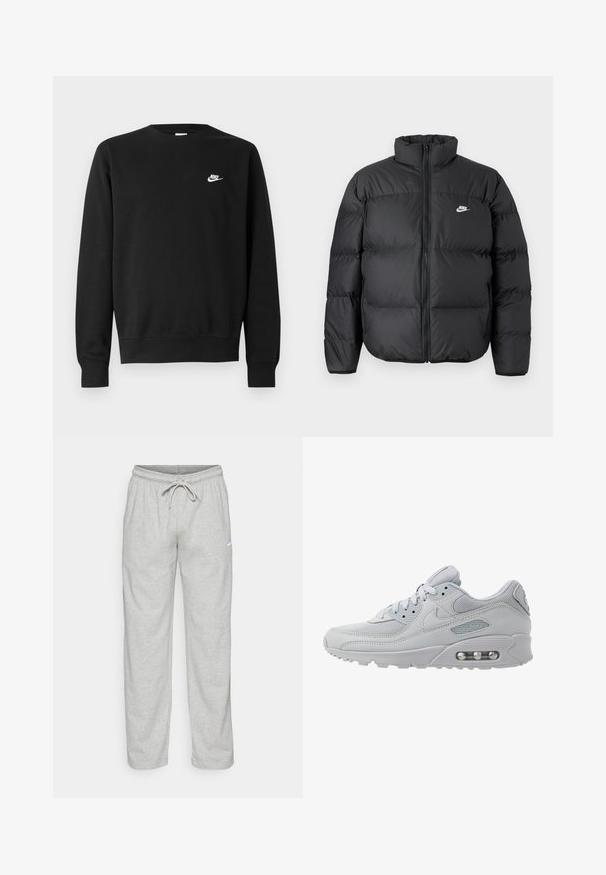 Sort puffjakke med høj krave, lynlåslukning og Nike-logo i hvidt. Har quiltede sektioner til isolering og en polstret tekstur.; Sort sweatshirt lavet af bomuld med rund hals, lange ærmer og et lille hvidt Nike-logo på øverste venstre bryst.; Lys grå sweatpants lavet af blødt stof. Har en elastisk talje med snøre og Nike-logo i sort på venstre lår.; Lys grå Nike Air Max 90 sneaker lavet af mesh og læder, med runde snørebånd, en polstret krave og synlig luftdæmpning i sålen.