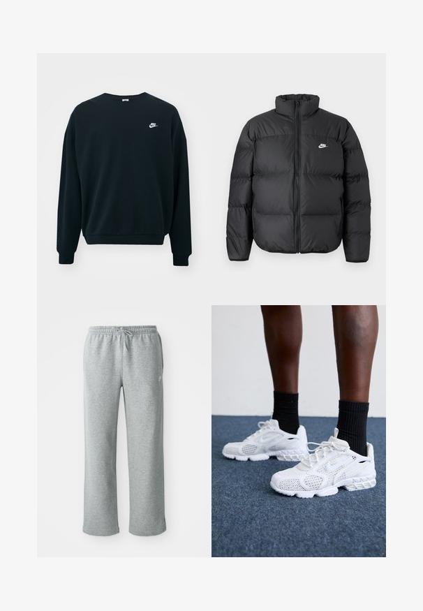 Abrigo de plumas negro con cuello alto, cierre de cremallera y logo de Nike en blanco. Presenta secciones acolchadas para aislamiento y una textura acolchada.; Sudadera negra de Nike con mangas largas, cuello redondo y puños acanalados. Presenta un logotipo blanco de Nike en la parte izquierda del pecho.; Pantalones de chándal de algodón grises con cinturilla elástica, cierre de cordón y piernas rectas. Presentan un pequeño logo en la parte superior izquierda.; Zapatillas deportivas blancas con parte superior de malla, acentos texturizados y suela acolchada. Combinadas con calcetines cortos de canalé negros sobre una superficie de moqueta azul.
