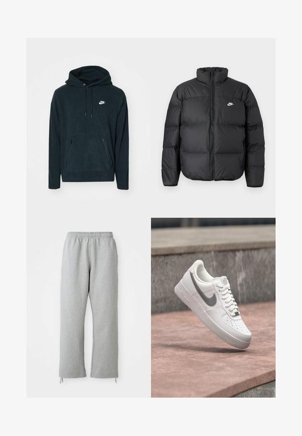 Schwarze Pufferjacke mit hohem Kragen, Reißverschluss und Nike-Logo in Weiß. Verfügt über gesteppte Bereiche zur Isolierung und eine gepolsterte Textur.; Schwarzer Fleece-Hoodie mit einer vorderen Kängurutasche und zwei seitlichen Reißverschlusstaschen. Enthält eine Kapuze mit Kordelzug und ein weißes Nike-Logo.; Graue Sweatpants mit einem elastischen Bund, geraden Beinen und Kordelzug-Akzenten am Saum. Hergestellt aus weichem, strukturierter Stoff.; Weißer Nike Air Force 1 Sneaker mit grauem Swoosh-Logo, der über einer Steinoberfläche und einem grauen Steinwandhintergrund schwebt.