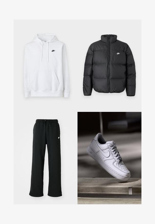 Schwarze Pufferjacke mit hohem Kragen, Reißverschluss und Nike-Logo in Weiß. Verfügt über gesteppte Bereiche zur Isolierung und eine gepolsterte Textur.; Weißes Kapuzen-Sweatshirt mit Kängurutasche vorne, Kordelzug an der Kapuze und kleinem schwarzen Nike-Logo auf der linken Brust.; Schwarze Jogginghose aus weichem Material, mit einem elastischen Bund und verstellbarem Kordelzug sowie einem kleinen Logo-Detail an der Seite.; Weißer Nike Air Force 1 Sneaker aus Leder mit perforierter Zehenpartie, flachen Schnürsenkeln und strukturierter Gummisohle mit "AIR"-Branding an der Seite.