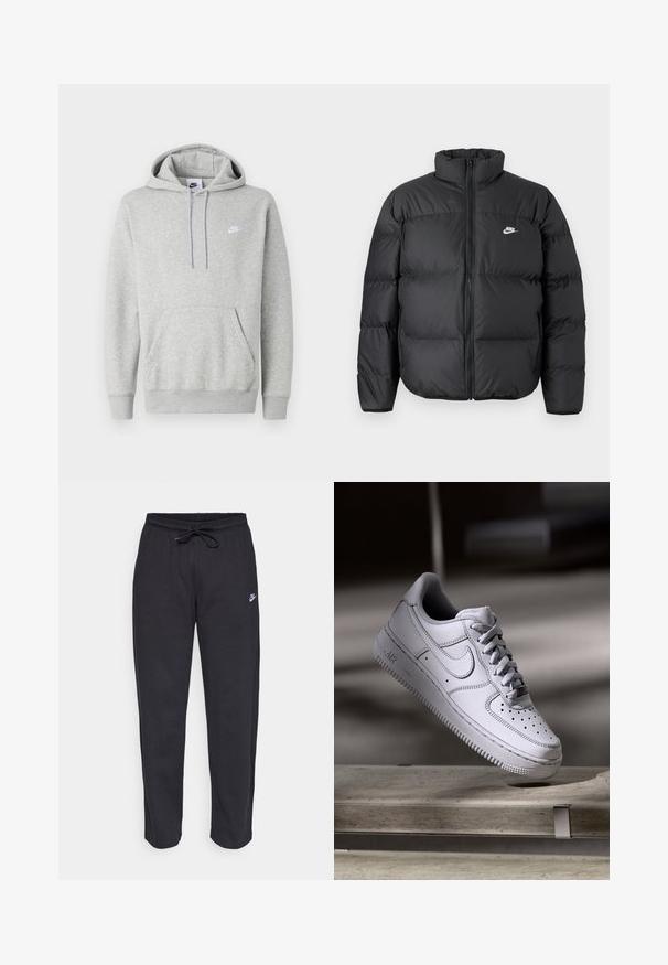 Schwarze Pufferjacke mit hohem Kragen, Reißverschluss und Nike-Logo in Weiß. Verfügt über gesteppte Bereiche zur Isolierung und eine gepolsterte Textur.; Hellgrauer Hoodie aus weichem Stoff mit Kängurutasche, Kapuze mit Kordelzug und kleinem weißem Logo auf der Brust.; Schwarze Sweatpants aus weichem Stoff mit elastischem Bund, Kordelzug und kleinem Nike-Logo auf dem linken Oberschenkel.; Weißer Nike Air Force 1 Sneaker aus Leder mit perforierter Zehenpartie, flachen Schnürsenkeln und strukturierter Gummisohle mit "AIR"-Branding an der Seite.