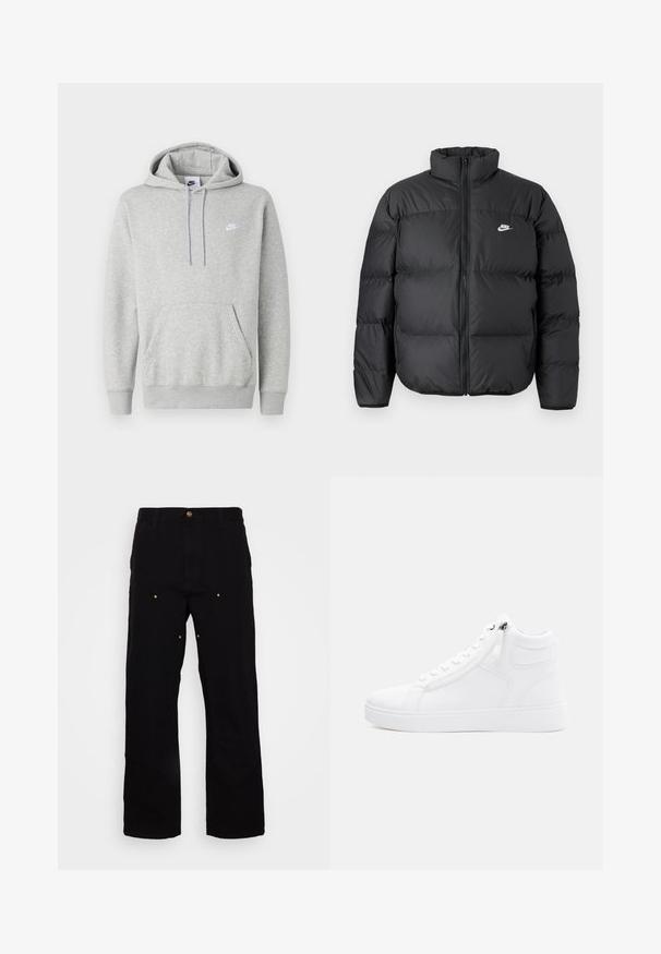 Mustapuffatakki, jossa on korkea kaulus, vetoketjukiinnitys ja valkoinen Nike-logo. Takissa on myös tikatut osiot eristyksen vuoksi ja pehmeä rakenne.; Vaaleanharmaa huppari, joka on valmistettu pehmeästä kankaasta. Siinä on kengurun tasku, kiristysnauhallinen huppu ja pieni valkoinen logo rinnassa.; Musta farkkuhousut suoralla lahje-muotoilulla, joissa on kultaiset varusteet ja näkyvät tikit etu- ja takataskuissa.; Valkoiset korkeat tennarit, jotka on valmistettu sileästä synteettisestä materiaalista. Sivussa on vetoketju, pyöreä kärki ja teksturoitu kumipohja.