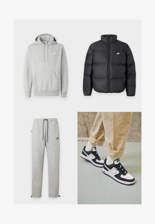 Zwarte pufferjack met hoge kraag, ritssluiting en witte Nike-logo. Heeft doorgestikte stukken voor isolatie en een gewatteerde textuur.; Lichtgrijze hoodie van zachte stof, met een buidelzak, capuchon met trekkoord en een klein wit logo op de borst.; Grijze Nike trainingsbroek met een verstelbare tailleband, zijzakken en elastische boorden. Heeft een soepele textuur en contrasterende zwarte logo-details.; Zwart-witte Nike Air Force 1 sneakers met een leren bovenwerk, geperforeerde neus en gestructureerde zooldetails, gedragen met opgerolde beige broek en witte sokken.