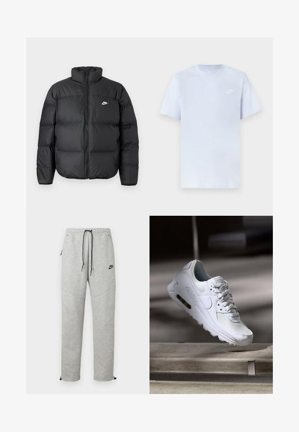 Čierna páperová bunda s vysokým golierom, zipsom a bielym logom Nike. Obsahuje prešívané časti pre izoláciu a polstrovanú textúru.; Svetlomodré bavlnené tričko s krátkymi rukávmi, okrúhlym výstrihom a bielym logom Nike potlačeným na ľavej hrudi. Hladká textúra, jednoduchý dizajn.; Šedé Nike tepláky so sťahovacím pásom, bočnými vreckami a elastickými manžetami. Majú hladkú textúru a kontrastný čierny logotyp.; Biele tenisky Nike Air Max 90 s vrchnou časťou z kože a sieťoviny, perforovanou špičkou a viditeľnou vzduchovou jednotkou v päte.