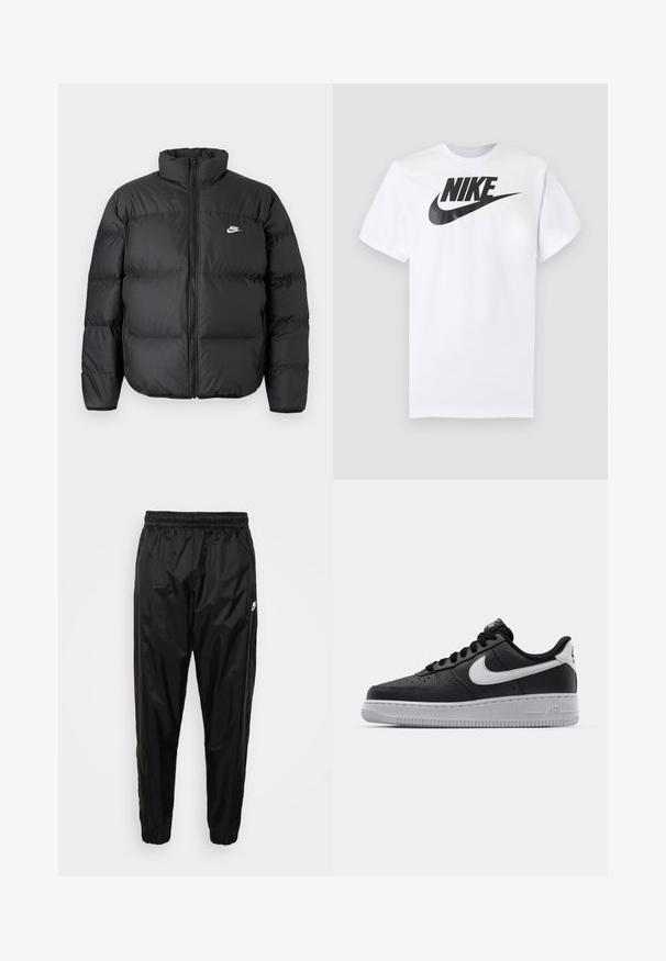 Čierna páperová bunda s vysokým golierom, zipsom a bielym logom Nike. Obsahuje prešívané časti pre izoláciu a polstrovanú textúru.; Biele tričko s krátkym rukávom s čiernym logom Nike a swooshom uprostred na hrudi na jednofarebnom sivom pozadí.; Čierne tréningové nohavice vyrobené z ľahkého, lesklého materiálu s elastickým pásom, zúženým strihom a zipsovými vreckami. Obsahujú logo ako akcent.; Čierne kožené tenisky s textúrovaným povrchom, biely Nike swoosh, šedá podrážka, okrúle špičky a šnurovací dizajn. Obsahuje perforácie na špičke.