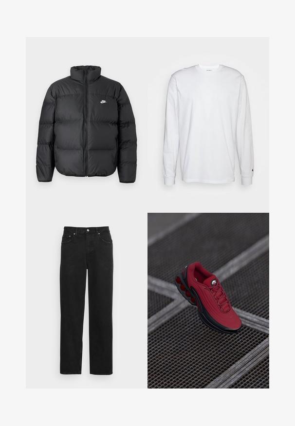 Schwarze Pufferjacke mit hohem Kragen, Reißverschluss und Nike-Logo in Weiß. Verfügt über gesteppte Bereiche zur Isolierung und eine gepolsterte Textur.; Weißes Langarm-T-Shirt aus Baumwolle. Rundhals-Design mit gerippten Bündchen und kleinem Logo auf dem linken Ärmel. Glatte Textur.; Schwarze Jeans aus Denim mit geradem Bein, Fünf-Taschen-Design und Metallknopfverschluss mit dezent strukturierter Oberfläche. Keine sichtbaren Muster oder Akzente.; Rote Sneaker mit strukturiertem Obermaterial, ausgestattet mit schwarzen Akzenten und einem auffälligen Luftpolstersohlen-Design. Schnürsenkel und Logo sind oben sichtbar.