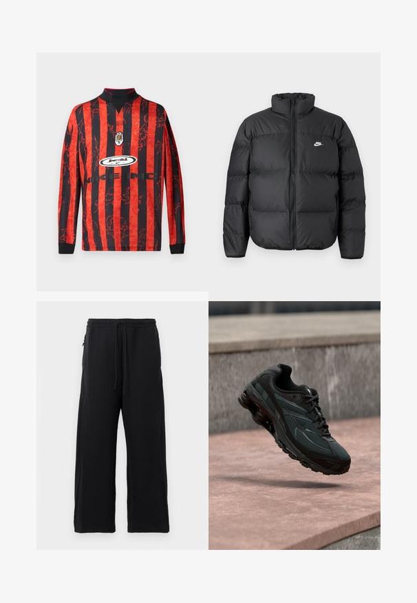 Zwarte pufferjack met hoge kraag, ritssluiting en witte Nike-logo. Heeft doorgestikte stukken voor isolatie en een gewatteerde textuur.; Langarmtrui met gedurfde rode en zwarte verticale strepen, een kraag, en grafische prints, met een centraal logo en merknamen.; Zwarte joggingbroek van zacht materiaal, met een verstelbare tailleband, een wijdere broekspijpenontwerp en zijzakken met een gladde textuur.; Zwarte atletische sneaker met zichtbare luchtgeveerde tussenzool die boven een roze stenen oppervlak zweeft met een grijze stenen muur op de achtergrond.