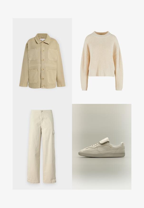 Veste beige à boutons avec quatre poches plaquées à l'avant, manches longues et col pointu, présentée sur un fond uni.; Pull en tricot crème avec un col haut en côtes, des manches larges et un motif texturé sur l'ensemble. Design court avec un ourlet en côtes.; Pantalons cargo beiges en coton doux, avec une coupe droite, un bouton à l'avant et une poche latérale avec détail à rabat.; Basket basse blanche avec semelle texturée, laçage avant, languette rembourrée et marquage doré discret sur le côté, présentée sur un fond neutre.