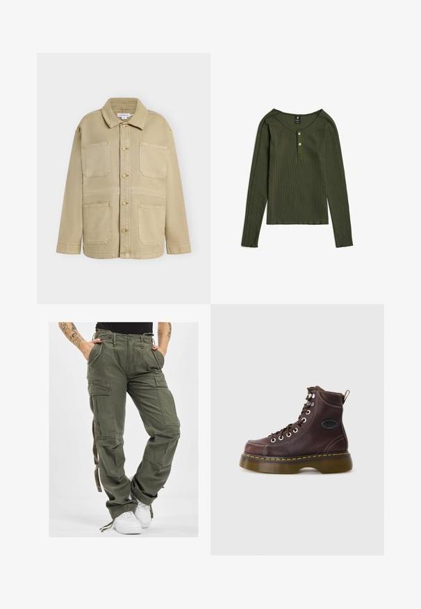 Beige Knopfleistenjacke mit vier aufgesetzten Fronttaschen, langen Ärmeln und spitzem Kragen, vor einfarbigem Hintergrund gezeigt.; Olivegrünes Langarm-Ripphemd mit rundem Ausschnitt und Zwei-Knopf-Leiste in der vorderen Mitte.; Olivgrüne Cargo-Hosen mit mehreren Taschen, Kordelzugbund und lockerer Passform. Der Stoff hat eine weiche Textur und wirkt robust und langlebig.; Braune Leder-Ankle-Boots mit strukturierten Oberflächen, silbernen Ösen und gelben Nähten. Verfügt über eine robuste, transparente Sohle und eine Zuglasche.