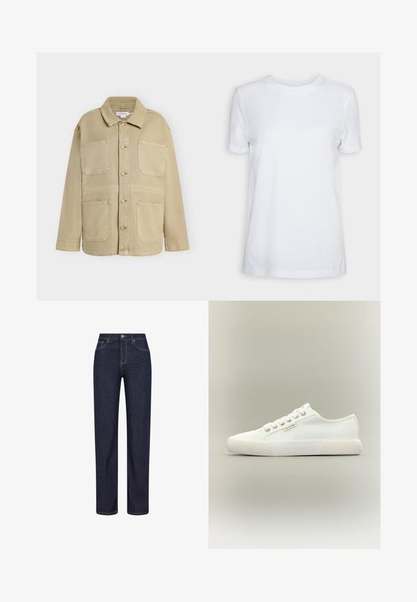 Beige jas met knopen, vier opgestikte borstzakken, lange mouwen en een puntige kraag, afgebeeld tegen een effen achtergrond.; Effen wit T-shirt met korte mouwen en ronde hals, normale pasvorm en een klein label aan de binnenkant van de hals met de tekst "SELECTED FEMME."; Donkerblauwe jeans met rechte pijpen, voorzakken, riemlussen en een knoopsluiting in de taille.; Witte lage canvas sneaker met een getextureerde rubberen zool, witte veters en een klein Calvin Klein-label aan de zijkant.