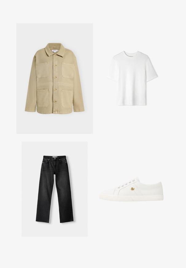 Beige Knopfleistenjacke mit vier aufgesetzten Fronttaschen, langen Ärmeln und spitzem Kragen, vor einfarbigem Hintergrund gezeigt.; Schlichtes weißes T-Shirt mit kurzen Ärmeln und Rundhalsausschnitt, flach auf weißem Hintergrund dargestellt.; Bershka Jeans Straight Leg - mottled dark grey; Lauren Ralph Lauren JANSON II CANVAS SNEAKER - Sneaker low - optic white
