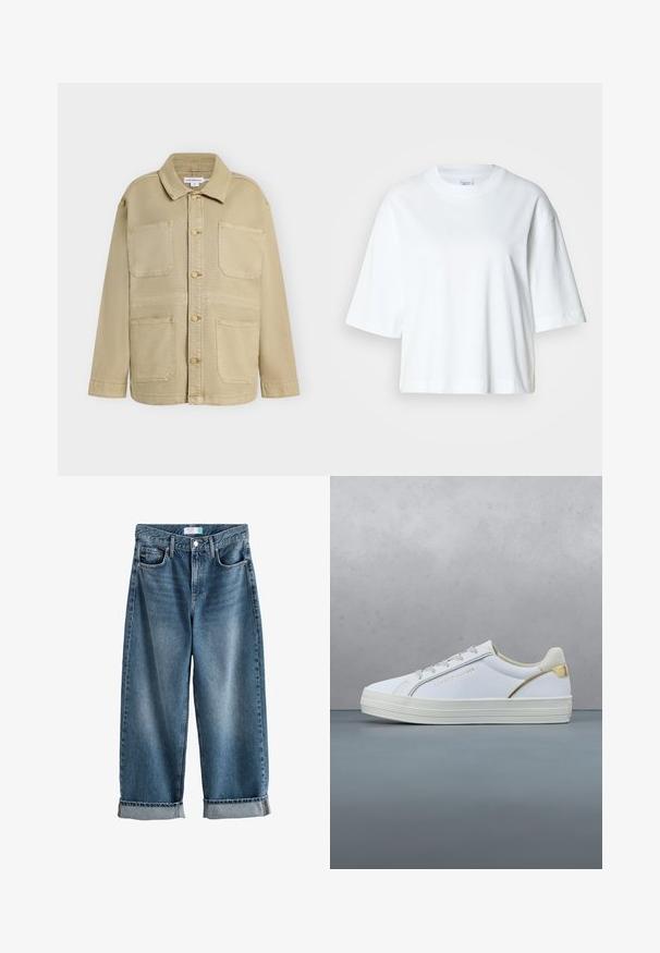 Beige Knopfleistenjacke mit vier aufgesetzten Fronttaschen, langen Ärmeln und spitzem Kragen, vor einfarbigem Hintergrund gezeigt.; Weißes, kurz geschnittenes T-Shirt mit kurzen Ärmeln und Rundhalsausschnitt, aus weichem Baumwollmaterial, mit einem einfachen und klaren Design.; Next BOYFRIEND TURN UP - Jeans Straight Leg - mid blue; Weißes Canvas-Sneaker-Modell mit weißer Gummisohle, runder Zehenpartie, Schnürdesign, mit einem goldenen Akzent an der Ferse und dem eingeprägten Markenlogo an der Seite.