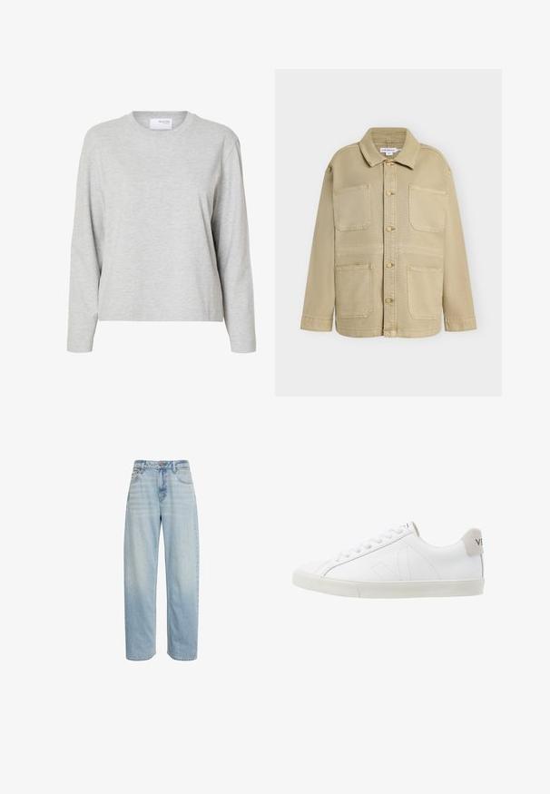 Chaqueta beige con botones, cuatro bolsillos frontales de parche, mangas largas y cuello puntiagudo, mostrada sobre un fondo liso.; Sudadera gris claro de manga larga y cuello redondo con un corte holgado y sin patrones o logotipos visibles.; Vaqueros azul claro de talle alto y pierna recta, con cinco bolsillos y cierre de botón, mostrados sobre un fondo blanco.; Zapatillas de cuero blanco con una suela de goma texturizada en un tono blanco roto. Las características incluyen cordones, costuras sutiles y un acento en gamuza gris en el talón.