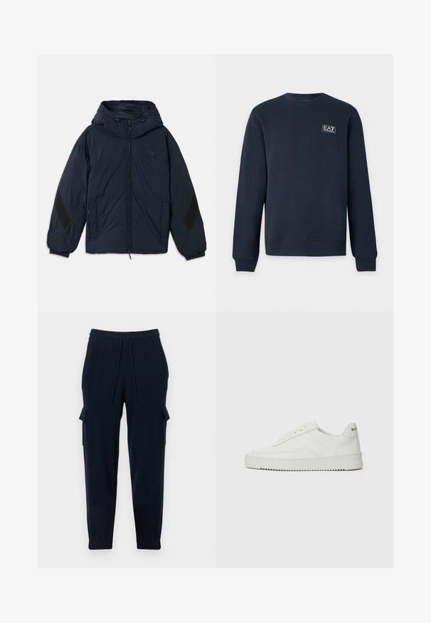 Veste à capuche navy avec fermeture éclair sur le devant, dotée de panneaux d'accent noir sur les manches et d'une patch logo en relief sur la poitrine. Matériau lisse et léger.; Sweat-shirt bleu marine à manches longues avec col rond, poignets et ourlet côtelés, avec un petit logo EA7 Emporio Armani sur la poitrine gauche.; Pantalon de jogging marine en matière douce, avec poches cargo latérales, taille élastique avec cordon de serrage et poignets resserrés.; Baskets en cuir blanc avec une finition lisse, bout arrondi, lacets plats et semelle texturée. Présente un logo discret sur le talon.