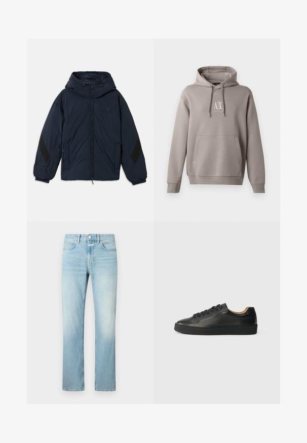 Veste à capuche navy avec fermeture éclair sur le devant, dotée de panneaux d'accent noir sur les manches et d'une patch logo en relief sur la poitrine. Matériau lisse et léger.; Hoodie gris avec une poche kangourou centrale, capuche réglable par cordon, et un petit logo blanc sur la poitrine. Texture de tissu douce.; Jean en denim bleu clair avec une coupe droite, doté d'un design classique à cinq poches et d'une fermeture à bouton.; Baskets basses en cuir noir avec surface texturée, lacets noirs et semelle en caoutchouc épaisse, présentées de côté sur un fond clair.