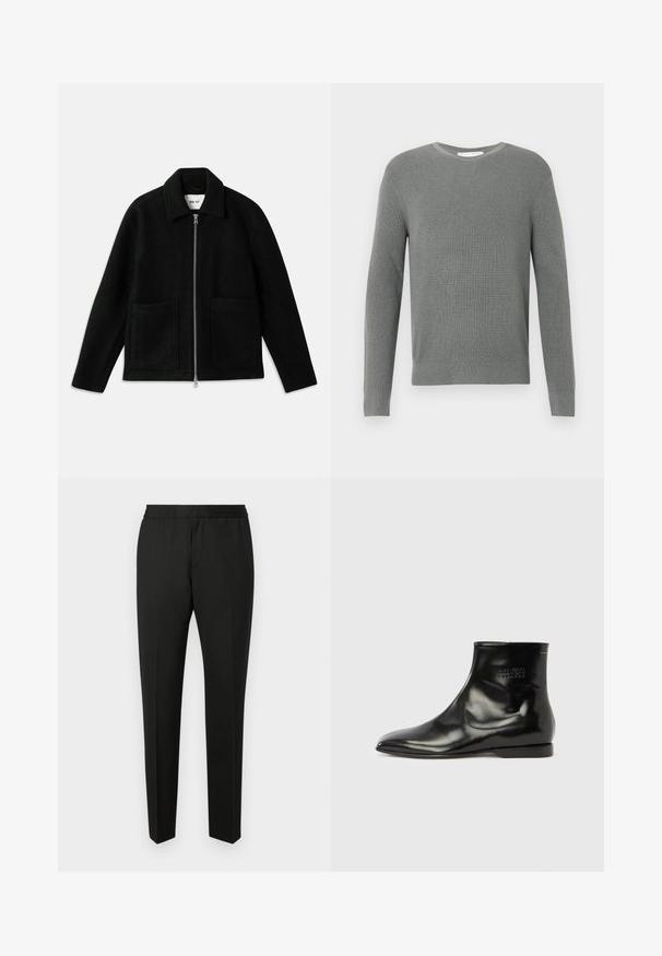 Veste en laine noire avec fermeture éclair à l'avant, col étalé et deux grandes poches à patch. Texture lisse avec un design structuré.; Pull en maille gris avec un col rond, des manches longues et un motif texturé ; il possède un ourlet et des poignets côtelés, fabriqué à partir d'un tissu doux.; Pantalon noir au design ajusté, doté d'une taille élastique, d'un devant plat, de poches latérales et d'une jambe fuselée. Texture de tissu lisse.; Bottine noire à la cheville avec une finition en cuir lisse et brillante. Bout pointu, talon bas empilé, design minimaliste et détail de logo embossé sur le côté.