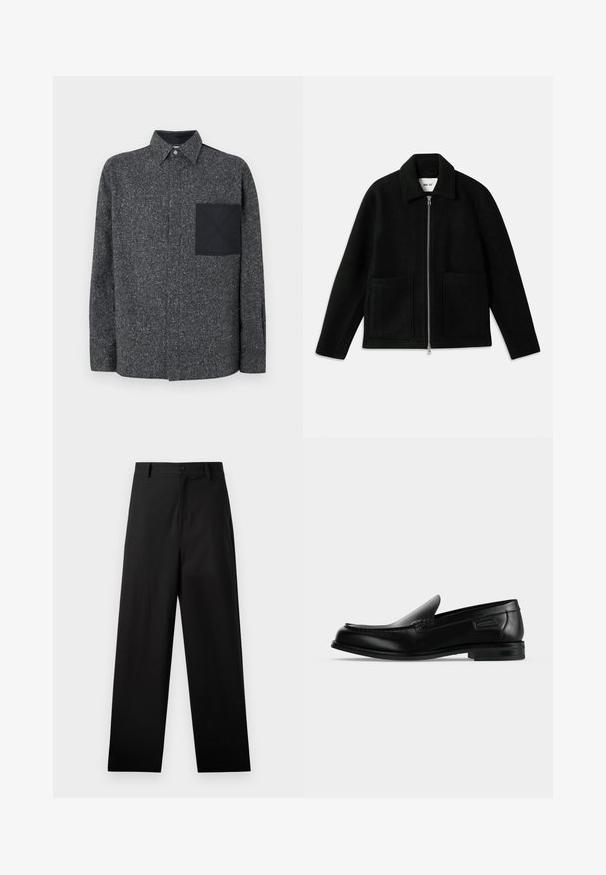 Schwarze Wolljacke mit durchgehendem Reißverschluss, auffälligem Kragen und zwei großen aufgesetzten Taschen. Glatte Textur mit strukturiertem Design.; Iceberg Hemd - fantasia mix di grigi; Schwarze Baumwollhosen mit geradem Bein, ausgestattet mit einem vorderen Knopfverschluss und Seiten Taschen. Glatte Textur, keine Muster.; Schwarzer Leder-Slipper mit niedrigem Absatz, abgerundeter Spitze und dekorativer Naht entlang der oberen Kante.