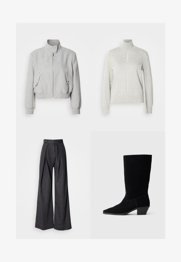 Lys grå cropped jakke med høj krave, lynlåslukning og ribbede manchetter. Har to skrå sidelommer med trykknapper.; Lys grå sweater med høj krave og kvart lynlås. Lavet af et blødt, struktureret materiale, der har lange ærmer og en tætsiddende kant.; Bredde ben sorte denimbukser med høj talje, der har frontfolder og en klassisk lynlås lukning. Sprød, glat tekstur med en ren finish.; Sort ruskind ankelstøvle med spidse tæer, mellemhøj skaft og en chunky hæl. Fuldender et minimalistisk design med lidt syninger og en glat tekstur.