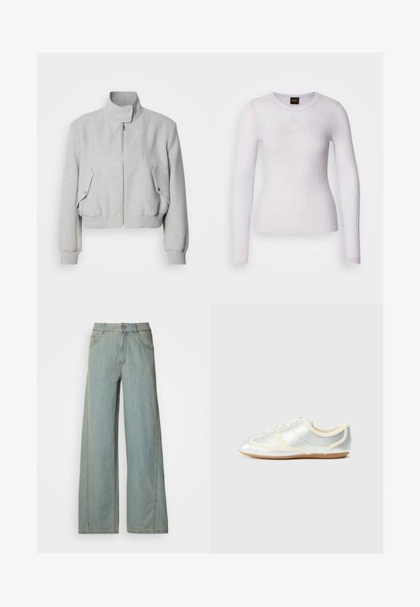 Lichtgrijze cropped jas met een hoge kraag, ritssluiting en geribbelde manchetten. Beschikt over twee schuine zijzakken met drukknoopsluitingen.; Witte longsleeve top van geribbelde stof; heeft een ronde halslijn en een getailleerd ontwerp met subtiele textuur en stikseldetails.; Lichtblauwe rechte jeans van denim, met een knoop- en ritssluiting, vijf zakken en contrasterende stikseldetails.; Zilverkleurige synthetische sneakers met crème accenten, laag profiel, afgeronde neus en platte rubberen zool; voorzien van klassieke stiksels en vetersluiting.
