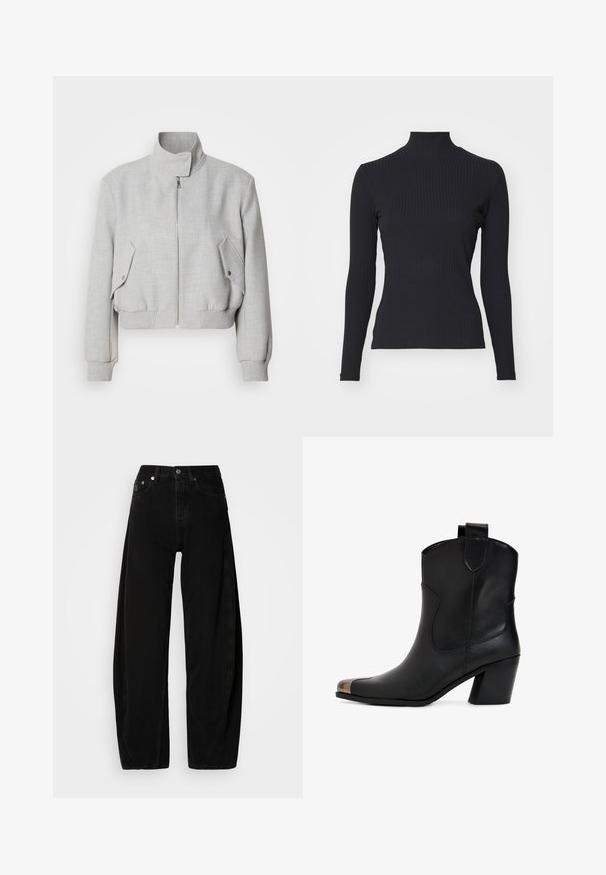 Lys grå cropped jakke med høj krave, lynlåslukning og ribbede manchetter. Har to skrå sidelommer med trykknapper.; Sort ribbet turtle-sweater med lange ærmer. Lavet af strækbart stof med en tætsiddende pasform og høj krave. Enkel design uden udsmykninger.; Sorte denim brede bukser med høj talje, der har en knaplukning, fem lommer og minimale syninger.; Sort læderankelstøvle med en let hæl, udstyret med en spids tå og metalhætte. Enkel syning og trækflap på bagsiden.