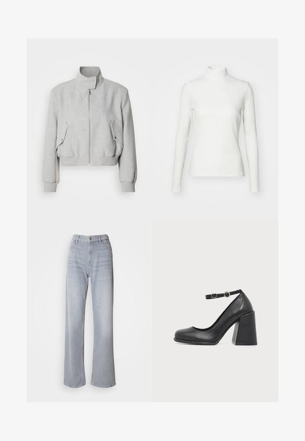 Lys grå cropped jakke med høj krave, lynlåslukning og ribbede manchetter. Har to skrå sidelommer med trykknapper.; Hvid ribbet turtleneck blouse med lange ærmer, lavet af elastisk stof. Har et tætsiddende design og høj hals for god dækning.; Lys grå vidde jeans med høj talje, lavet af denim. Har forlommer, lynlås og subtil falmen over det hele.; Sort læder højhælet sko med rundet tå og en tyk blokhæl, med en justerbar ankelrem med en lille rund spænde.