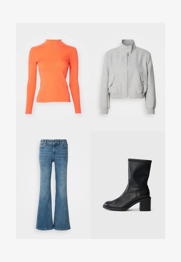 Veste courte gris clair avec un col haut, fermeture éclair et poignets côtelés. Dispose de deux poches latérales inclinées avec boutons-pression.; Pull à col roulé côtelé en orange vif, avec des manches longues et une silhouette ajustée, présentant un élément de design en V sur le devant.; Jean évasé bleu clair en denim, doté de cinq poches, de coutures visibles, et d'une fermeture à bouton et à zip à la taille.; Botte en cuir noir à cheville avec un bout rond, texture lisse et un talon épais, présentant un tige ajustée et un subtil détail de couture.