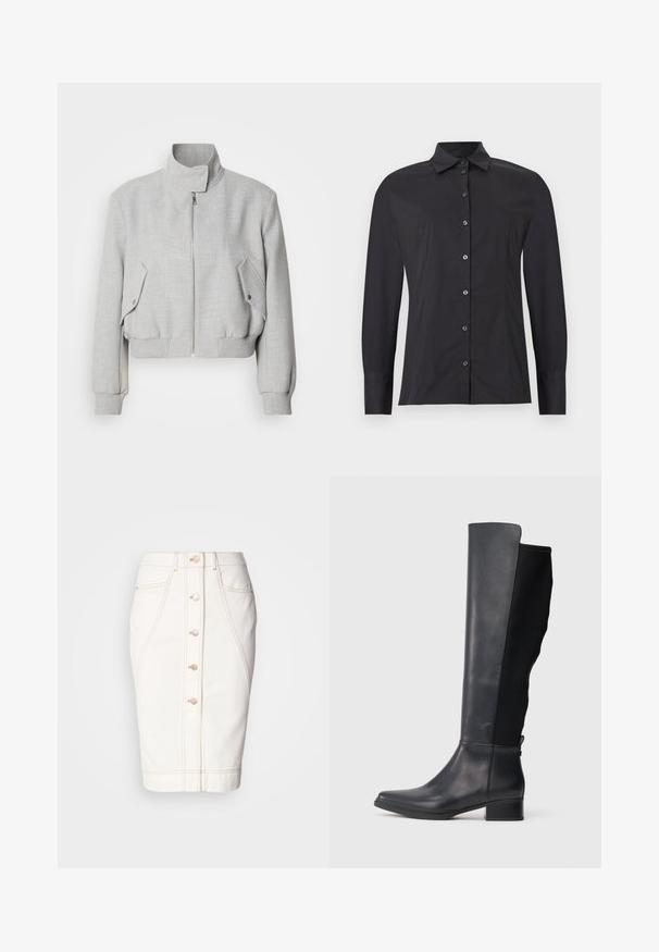 Chaqueta corta de color gris claro con cuello alto, cierre de cremallera y puños acanalados. Presenta dos bolsillos laterales en ángulo con botones de presión.; Camisa negra de manga larga con botones, cuello clásico, ajuste entallado y detalles de costuras sobre un fondo gris claro.; Falda de mezclilla blanca con cierre de botones en la parte delantera, costuras visibles y silueta de lápiz. Sin bolsillos visibles. Textura suave.; Bota alta de cuero negro y tela con tacón bajo y punta redondeada, mostrada en perfil lateral sobre fondo blanco.