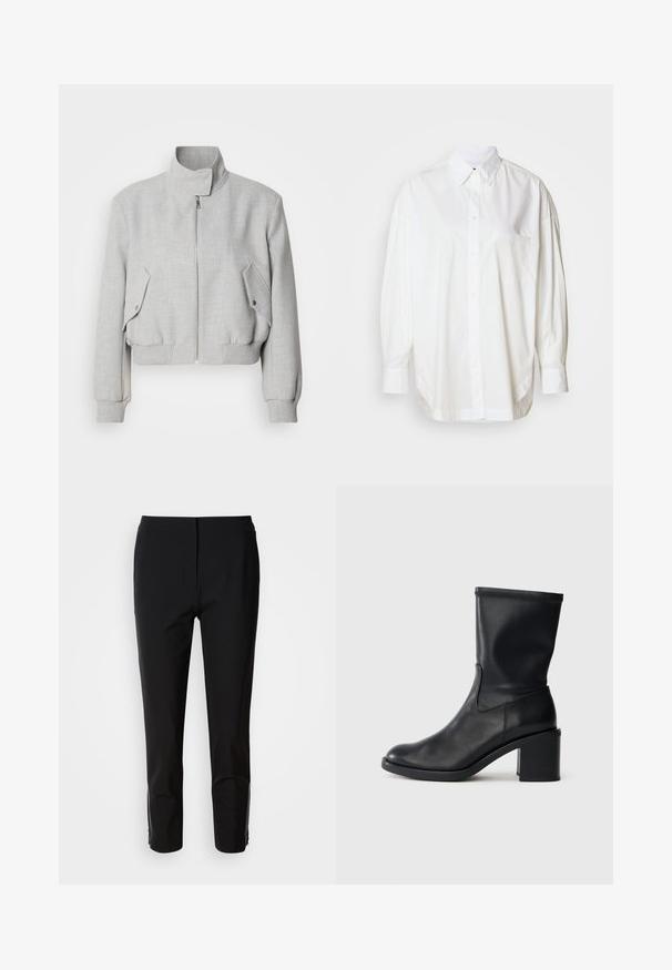 Veste courte gris clair avec un col haut, fermeture éclair et poignets côtelés. Dispose de deux poches latérales inclinées avec boutons-pression.; Chemise blanche à manches longues, boutonnée, en coton, avec une poche sur le côté gauche de la poitrine et une coupe décontractée avec un ourlet courbé.; Un pantalon noir avec une coupe droite, fabriqué en tissu lisse. Présente des accents zippés sur les côtés inférieurs. Un style épuré et minimaliste.; Botte en cuir noir à cheville avec un bout rond, texture lisse et un talon épais, présentant un tige ajustée et un subtil détail de couture.