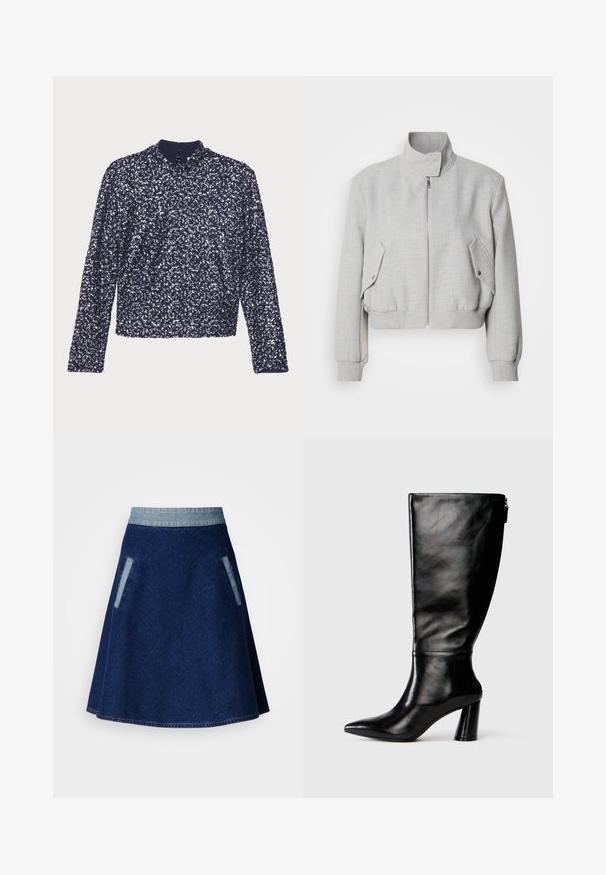 Lichtgrijze cropped jas met een hoge kraag, ritssluiting en geribbelde manchetten. Beschikt over twee schuine zijzakken met drukknoopsluitingen.; Marineblauwe paillettenblouse met lange mouwen, hoge kraag en een rits aan de achterkant. Heeft een textuur met dicht op elkaar geplaatste glanzende pailletten.; Donkerblauwe denim A-lijn rok met een lichtgekleurde denim tailleband en twee zijzakken. Heeft een gestikte zoom en een gladde textuur.; Zwart leren laars tot de knie met een puntige neus, gladde textuur en een chunky hak. Bevat een ritsdetail aan de achterkant.