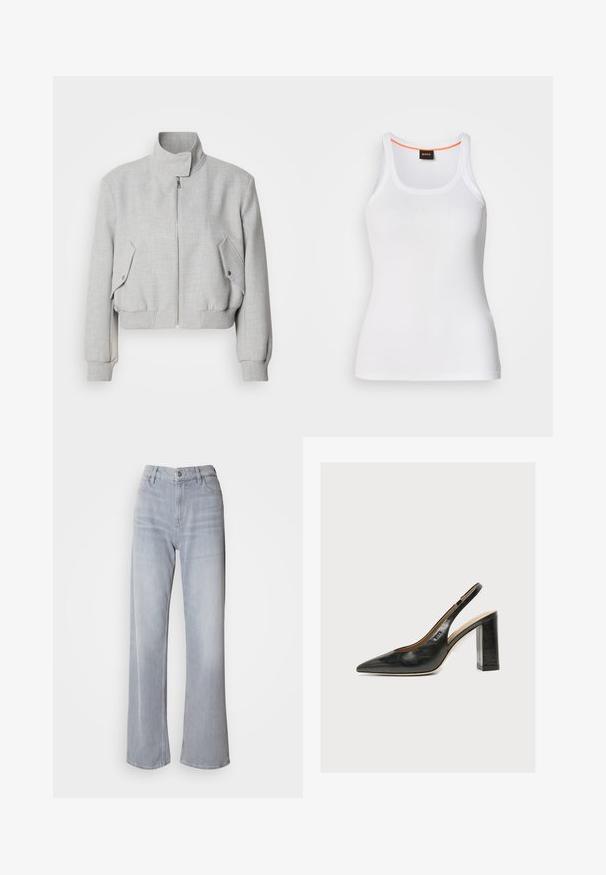 Chaqueta corta de color gris claro con cuello alto, cierre de cremallera y puños acanalados. Presenta dos bolsillos laterales en ángulo con botones de presión.; Camiseta de tirantes blanca acanalada con un escote redondo, que presenta un diseño de tiras estrechas y un acento naranja a lo largo del borde interior del escote. Logotipo de la marca visible.; Jeans de pernera ancha en gris claro, con cintura alta, hechos de denim. Presentan bolsillos frontales, cremallera y un leve desvanecimiento por toda la prenda.; Zapato de mujer slingback de piel negra con puntera puntiaguda y tacón alto grueso de bloque sobre fondo blanco.