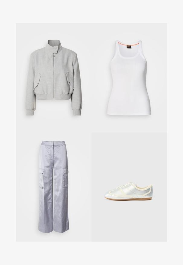 Lys grå cropped jakke med høj krave, lynlåslukning og ribbede manchetter. Har to skrå sidelommer med trykknapper.; Hvid ribstrikket tanktop med rund halsudskæring, der har et smalt stropdesign og en orange detalje langs den indvendige halskant. Brandlogo vist.; Lysegrå bred-leg cargo bukser lavet af glat stof, med sidelommer, skræddersyet talje og uden synlige hængsler eller lynlåse.; Sølvfarvede syntetiske sneakers med cremefarvede detaljer, lav profil, rundet snude og flad gummisål; har klassiske syninger og snørelukning.