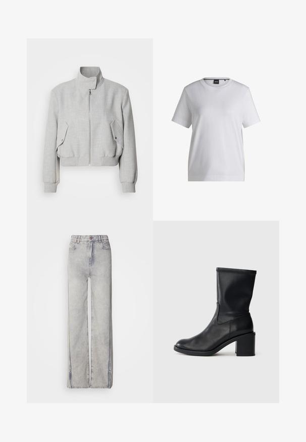 Veste courte gris clair avec un col haut, fermeture éclair et poignets côtelés. Dispose de deux poches latérales inclinées avec boutons-pression.; T-shirt en coton blanc avec un col rond, des manches courtes et une coupe décontractée. Il présente une petite étiquette de marque près du col.; Jean large en denim bleu clair avec un délavage, doté d'une fermeture éclair, de cinq poches et de coutures contrastantes.; Botte en cuir noir à cheville avec un bout rond, texture lisse et un talon épais, présentant un tige ajustée et un subtil détail de couture.
