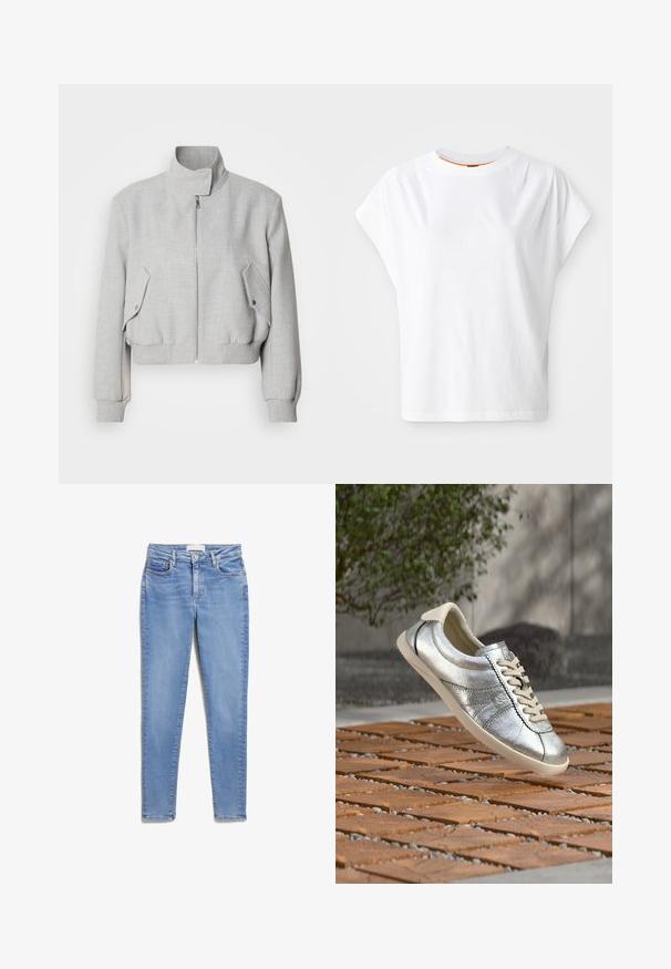 Lichtgrijze cropped jas met een hoge kraag, ritssluiting en geribbelde manchetten. Beschikt over twee schuine zijzakken met drukknoopsluitingen.; Witte T-shirt met korte mouwen en een losse pasvorm. Heeft een ronde hals en subtiele logodetails op de voorkant. Gemaakt van katoen.; Lichtblauwe denim jeans met een slim fit, met voorzakken, een knoopsluiting en een subtiele vervaagde textuur.; Zilveren lederen sneaker met beige veters en zool die zweeft boven een gestructureerd houten en kiezeloppervlak buiten.