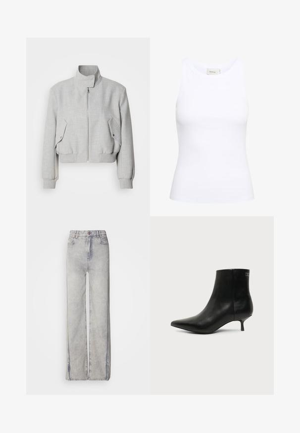 Lys grå cropped jakke med høj krave, lynlåslukning og ribbede manchetter. Har to skrå sidelommer med trykknapper.; Hvid ribbet tanktop med rund halsudskæring og uden ærmer. Strækbart stof og tætsiddende design. Etiketten bagpå viser "GESTUZ."; Lyseblå vid-leg jeans lavet af denim med en falmet vask, der har lynlås, fem lommer og kontraststikning.; Sort læder ankelstøvle med spids tå og lav kitten hæl på lys baggrund, der viser yderside.