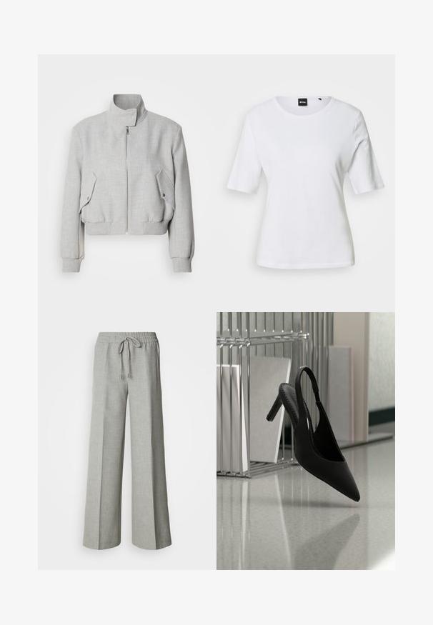 Veste courte gris clair avec un col haut, fermeture éclair et poignets côtelés. Dispose de deux poches latérales inclinées avec boutons-pression.; T-shirt blanc à manches courtes avec col rond, coupe ajustée et petite étiquette noire BOSS au niveau de l'encolure.; Pantalon ample gris clair avec taille élastique et cordon de serrage, poches avant, et tissu texturé subtil.; Chaussure à talon haut à bout pointu et bride arrière suspendue en l'air au-dessus d'un sol brillant avec des classeurs empilés en arrière-plan.