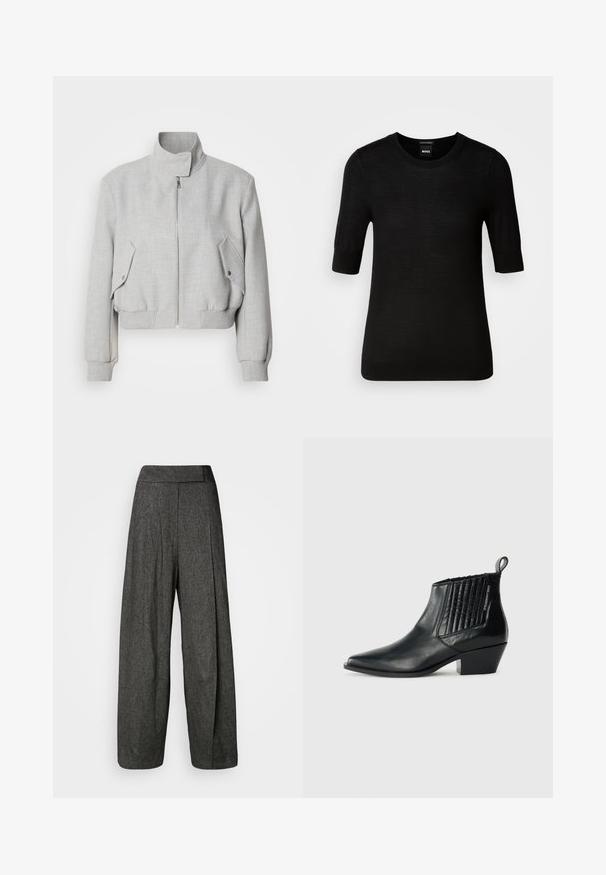 Veste courte gris clair avec un col haut, fermeture éclair et poignets côtelés. Dispose de deux poches latérales inclinées avec boutons-pression.; Pull noir à manches courtes en laine mérino fine. Encolure ronde, coupe ajustée, texture lisse, design minimal, sans motifs ni accents visibles.; Pantalons larges gris en tissu texturé, avec une taille haute, des plis avant et une coupe droite qui s'étend jusqu'à la cheville.; Bottine en cuir noir avec un bout pointu, panneau latéral matelassé et un talon bloc bas. Marquage discret sur le côté.