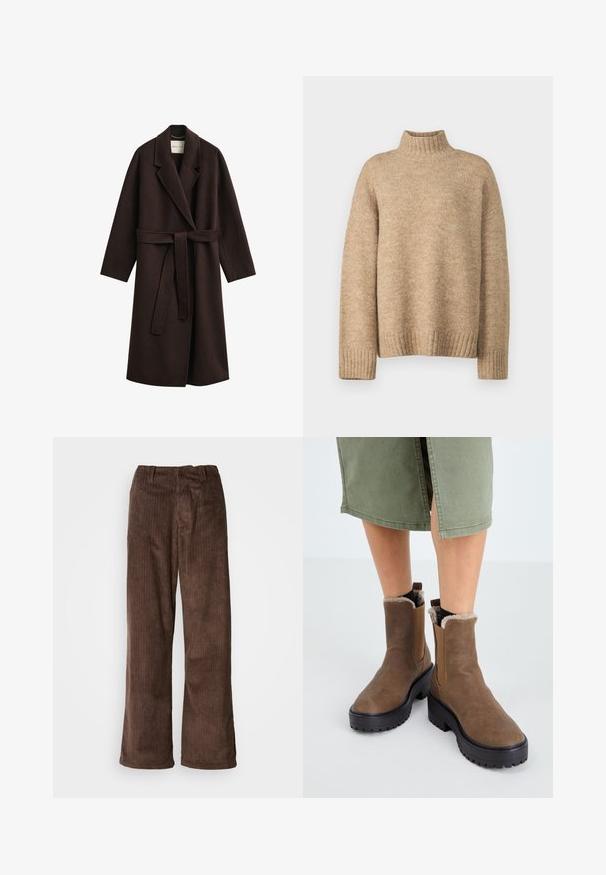 Lang mørkebrun uldfrakke med bælte, brede revers og lange ærmer, designet til koldt vejr.; Beige rullekravetrøje lavet af blødt, struktureret strikmateriale. Har ribbede manchetter og kant, samt en afslappet pasform. Klassisk og hyggeligt design.; Brune fløjl bukser med en bred benudskæring, der har lodrette ribber og en talje. Stoffet har et blødt, tekstureret udseende.; Brune læder ankelstøvler med gummisål, blød foring og elastiske sideindsatser. Har en lav blokhæl og en glat overflade.