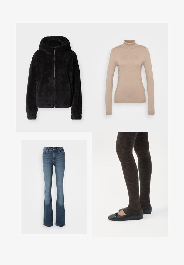 Sort, ludet lynlås-hættetrøje med lange ærmer og en blød, plyssede struktur, vist fladt på en lys baggrund.; Beige turtleneck sweater lavet af blødt strikket stof. Har lange ærmer, tætsiddende design og ribstrik ved hals og kant.; Bootcut jeans lavet af blåt denim. Har en mid-rise talje, fem lommer, diskrete syninger og et let falmet udseende på benene.; Ben iført mørke ribbede leggings kombineret med sorte balletsko med små sløjfedetaljer på hvid baggrund.