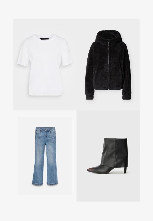 Sudadera negra con capucha y cremallera, de textura suave y peluda, con mangas largas, mostrada extendida sobre un fondo claro.; Camiseta blanca de manga corta hecha de algodón. Presenta un escote redondo y un corte relajado, con un diseño sencillo y sin patrones ni acentos visibles.; Vaqueros de mezclilla azul claro con cintura alta, cierre de doble botón, bolsillos delanteros y traseros, y piernas ligeramente acampanadas.; Botín negro de piel lisa con punta afilada y tacón cónico. La parte superior presenta un diseño ligeramente fruncido.