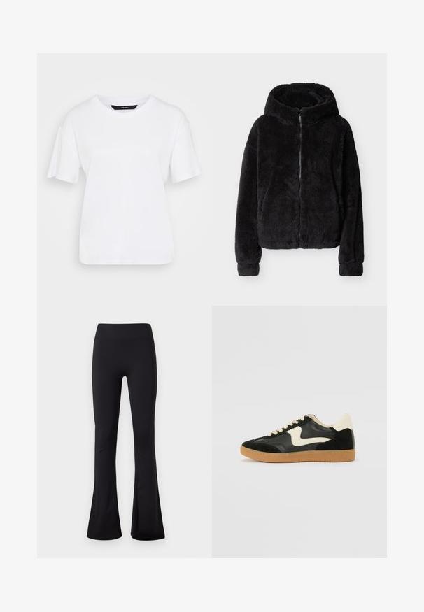 Sudadera negra con capucha y cremallera, de textura suave y peluda, con mangas largas, mostrada extendida sobre un fondo claro.; Camiseta blanca de manga corta hecha de algodón. Presenta un escote redondo y un corte relajado, con un diseño sencillo y sin patrones ni acentos visibles.; Mallas negras de talle alto con diseño de pierna acampanada, hechas de un tejido liso y elástico, mostradas sobre un fondo blanco liso.; Zapatillas de deporte de ante y cuero negro con un swoosh lateral en crema y un talón en crema claro. Presenta cordones beige y una suela de goma marrón.