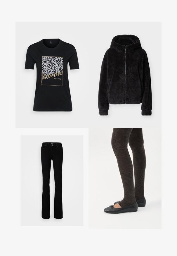 Sort, ludet lynlås-hættetrøje med lange ærmer og en blød, plyssede struktur, vist fladt på en lys baggrund.; Sort bomuld T-shirt med leopardmønster og gyldent tekst, der står "femmes FUTURE" inden for en rektangulær ramme.; Sorte stræk denim flared jeans med knaplukning, fire lommer og en glat overflade, designet til en tætsiddende silhuet.; Ben iført mørke ribbede leggings kombineret med sorte balletsko med små sløjfedetaljer på hvid baggrund.