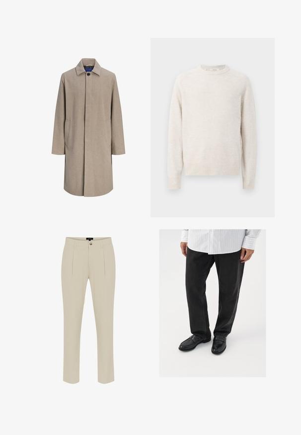 Manteau beige pour homme longueur genoux avec boutons cachés, col à cranté et poches latérales, présenté sur fond blanc.; Pull crème avec un col rond, des poignets et un ourlet côtelés. Texture douce avec un design simple et épuré et des manches raglan.; Pantalon beige ajusté avec une texture lisse, doté d'une fermeture à bouton, de plis à l'avant et de jambes fuselées.; Pantalons en denim noir associés à des mocassins noirs brillants. La chemise est blanche avec de fines rayures verticales, avec des manches longues et un col boutonné.