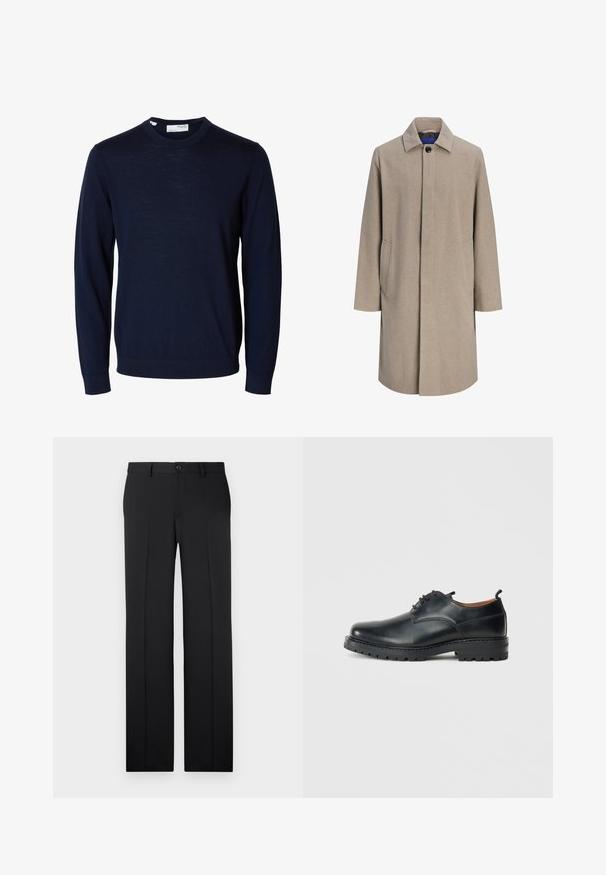 Gabardina beige para hombre hasta la rodilla con botones ocultos, cuello con muesca y bolsillos laterales, mostrada sobre fondo blanco.; Jersey azul marino de manga larga con cuello redondo, puños y bajo acanalados, hecho de tejido fino de punto.; Pantalones negros a medida con corte recto, tejido suave, pliegues frontales y un cierre de botón en la cintura.; Zapatos derby de cuero negro con una textura suave, punta redondeada, diseño de cordones y una suela de goma gruesa y resistente.