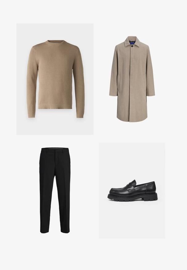 Gabardina beige para hombre hasta la rodilla con botones ocultos, cuello con muesca y bolsillos laterales, mostrada sobre fondo blanco.; Suéter de punto beige con cuello redondo, puños y dobladillo acanalados, y tejido texturizado, que presenta un color sólido sin patrones ni acentos.; Pantalones negros de tela suave, con corte recto, lazos para cinturón y un diseño de frente plano sin patrones ni adornos visibles.; Mocasín negro de cuero con suela gruesa y acanalada y detalle de tira para moneda, mostrado en perfil lateral derecho sobre fondo blanco.
