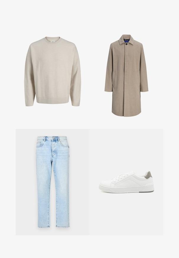 Gabardina beige para hombre hasta la rodilla con botones ocultos, cuello con muesca y bolsillos laterales, mostrada sobre fondo blanco.; Jersey beige de manga larga con cuello redondo, cuello, puños y dobladillo acanalados, mostrado sobre un fondo blanco liso.; Tejanos de mezclilla de color azul claro con un diseño de pierna recta, textura desvanecida y estilo tradicional de cinco bolsillos. Cierre frontal con cremallera y botón.; Zapatilla blanca con material de cuero liso, punta redonda, diseño minimalista, acento gris en el talón y suela de goma texturizada.